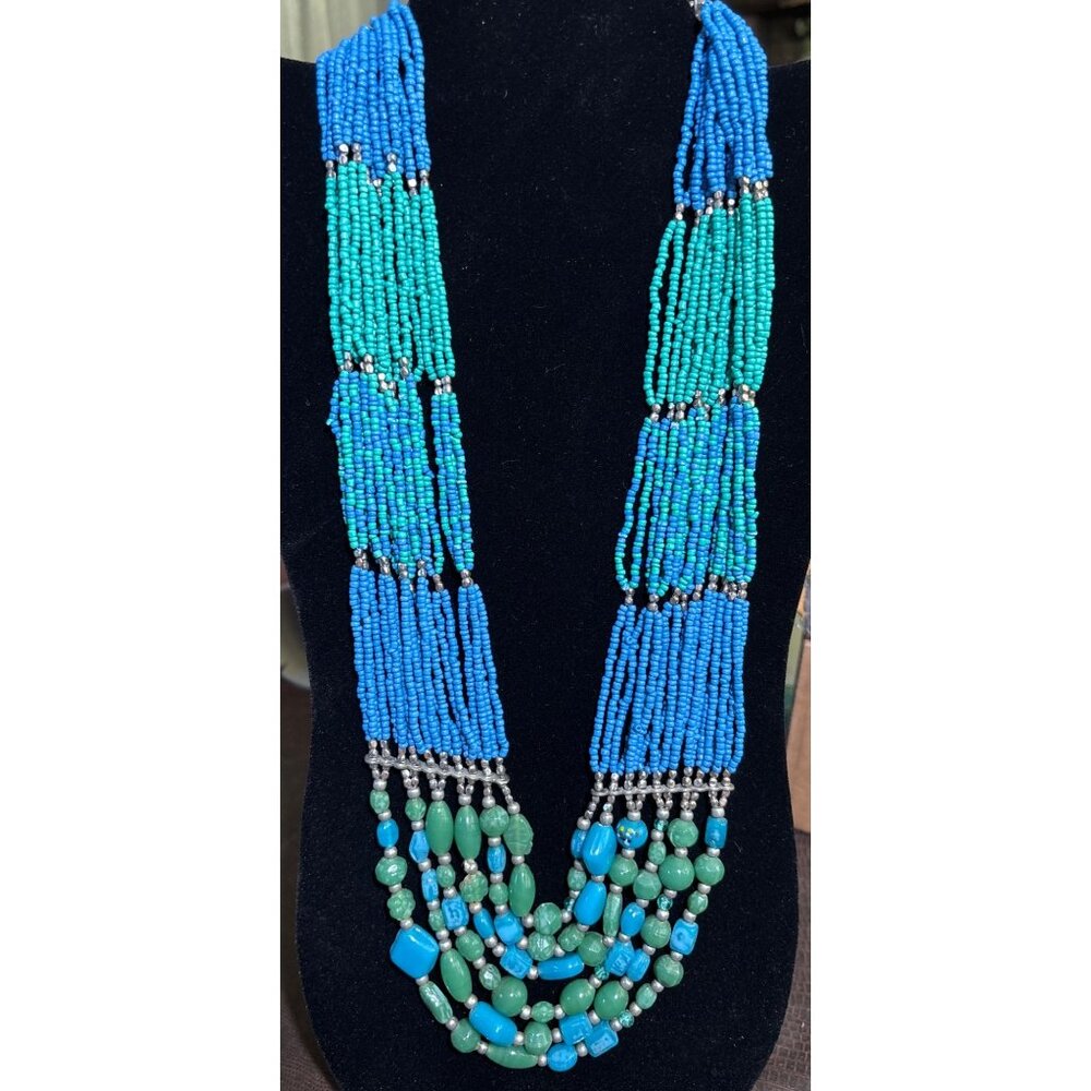 Vintage Multistrand Green & Blue Glass Bead Necklace 24-27” Adjustable Length Wi
